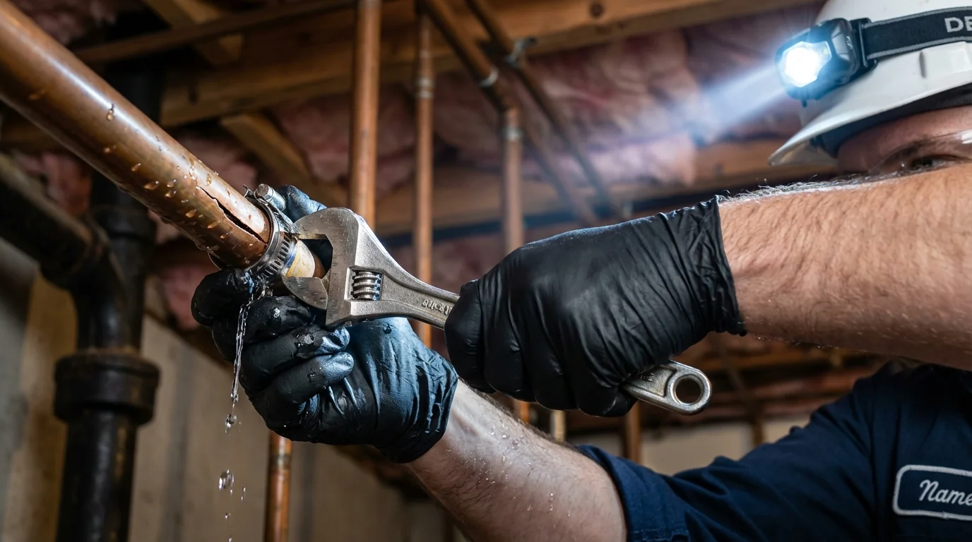 Emergency pipe clamp repair being performed by a Johns Plumbing LLC plumber in Sulphur Springs