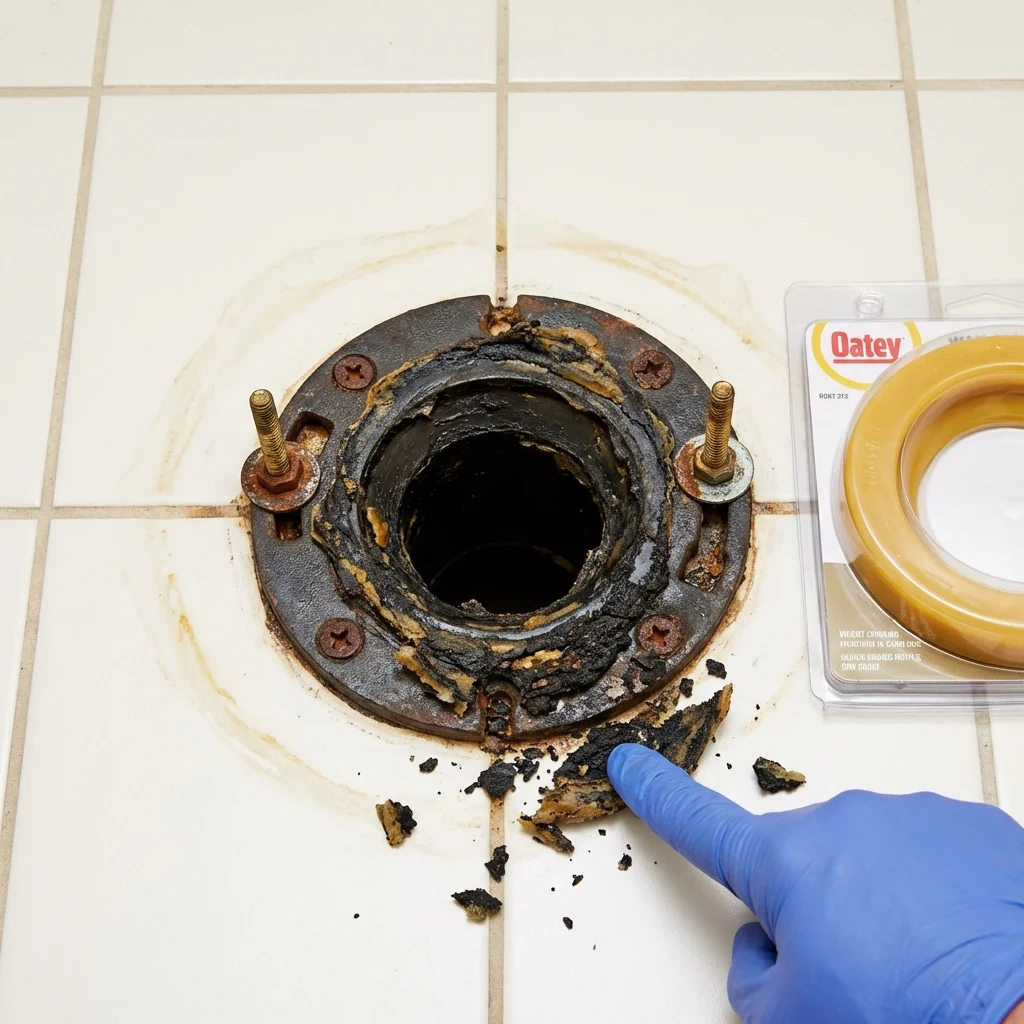Failed wax ring showing water seepage at the base of a toilet in a Sulphur Springs, AR home