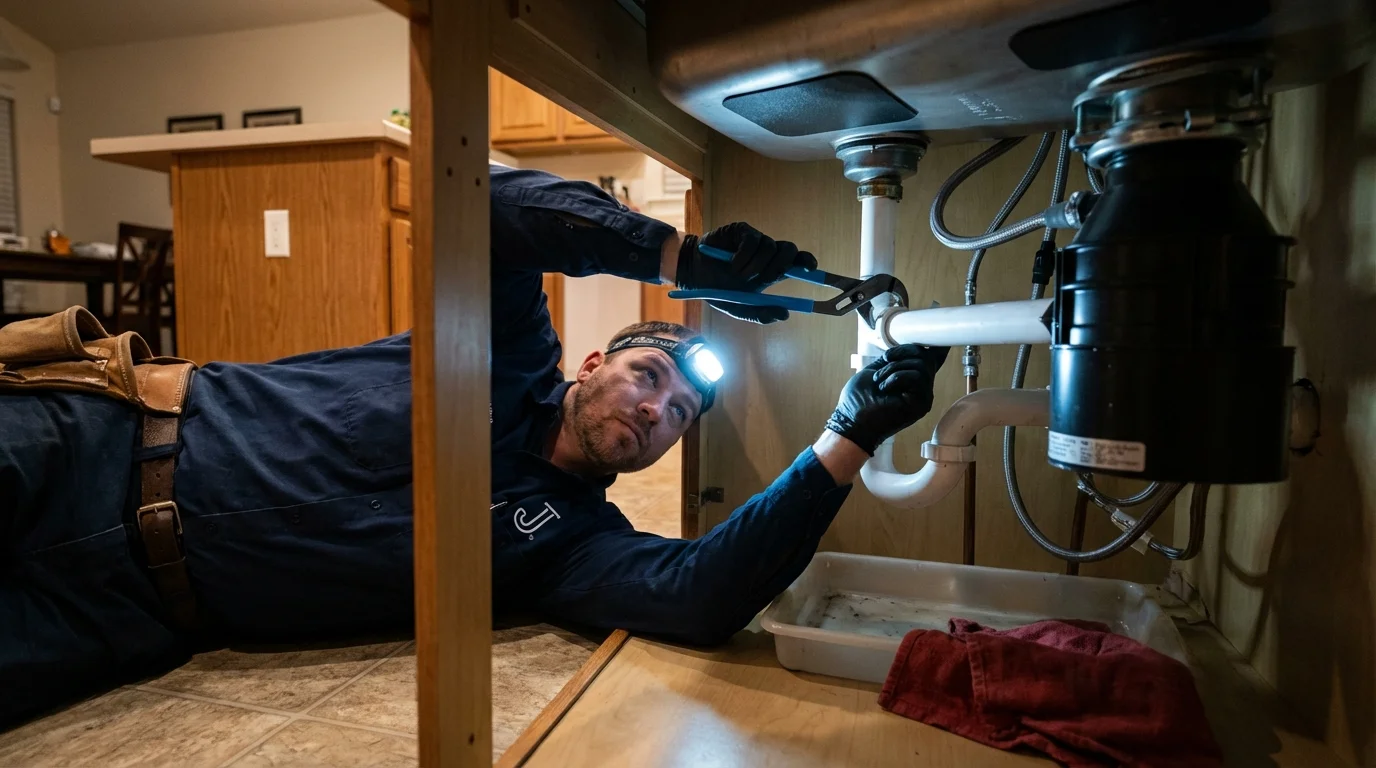P-trap and supply line connections under a kitchen sink showing a common leak point in Sulphur Springs, AR